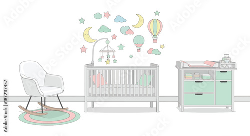 Baby room interior with crib, changing table, chair and pastel decorations