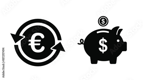 Euro to dollar exchange and piggy bank savings a financial silhouette