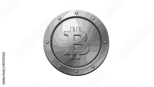 A silver Bitcoin coin, with metallic texture and rivets, is depicted, resembling a medieval coin, symbolizing digital currency and modern finance.
