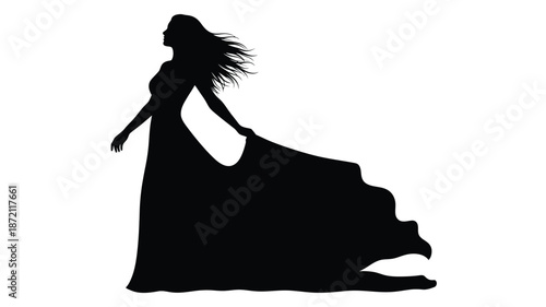 A flowing dress and outstretched arms a dramatic black silhouette