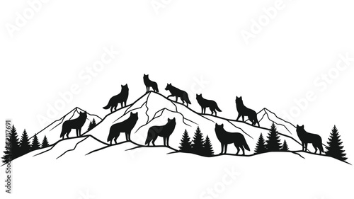 A striking mountain range scene with a pack of howling wolves silhouette