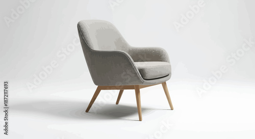 Modern gray armchair with wooden legs on a plain white background