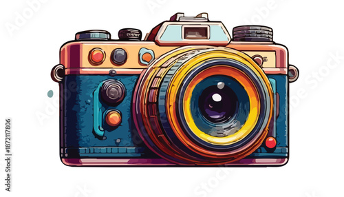 Vibrant illustration of a vintage camera with a colorful lens.
