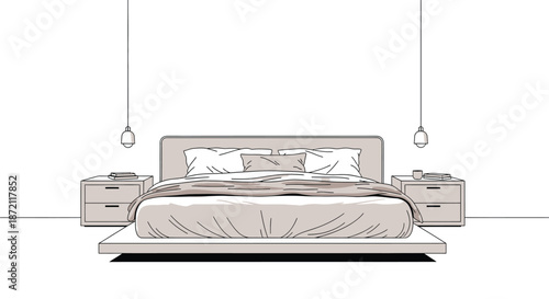Bedroom Interior with Bed, Nightstands, and Hanging Lights