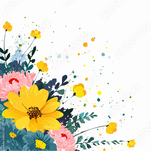  Dense top-right floral corner, buttercups layered behind asters