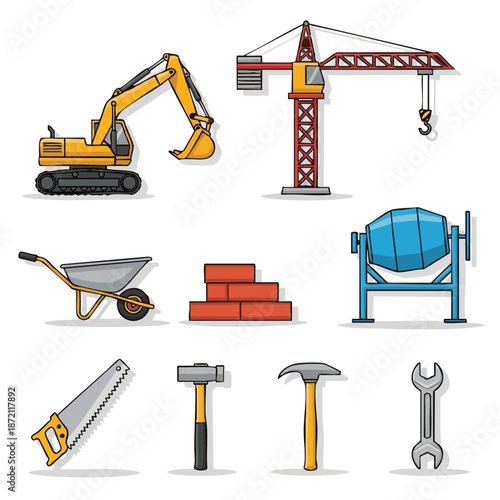 Construction Equipment and Tools Set Excavator Crane Mixer Wheelbarrow.