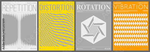 Multiple rectangular flat shapes with transition and displacement effects. Striped figure. Wavy striped background. Ripple effect. Geometric pattern. Cover design template. Vector illustration.