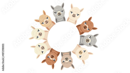 A circular frame of adorable alpaca faces in various shades look inwards at a central white blank circle, creating a charming, customizable border.