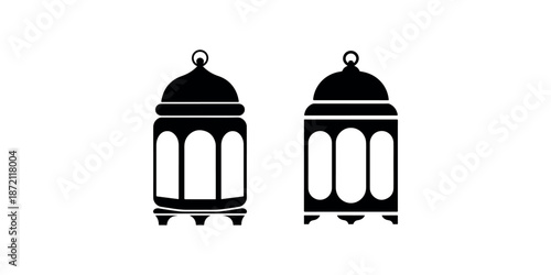 Two traditional black silhouette designs of ornate hanging lanterns used for decoration
