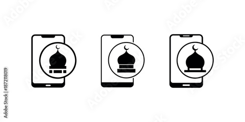 Three mobile phones displaying a silhouette of a mosque dome with crescent moon icon