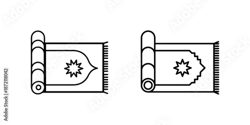 Islamic prayer rug icons with traditional design and tassel fringe on white background set