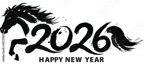 Majestic dark calligraphy representation of the year two thousand twenty-six creatively merging with a powerful rearing horse silhouette on transparent background