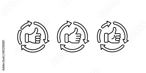 Thumbs up recycling arrow icons set for sustainable business feedback and positive rating