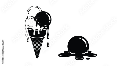 Delicious melting ice cream cones and scoop in striking silhouette