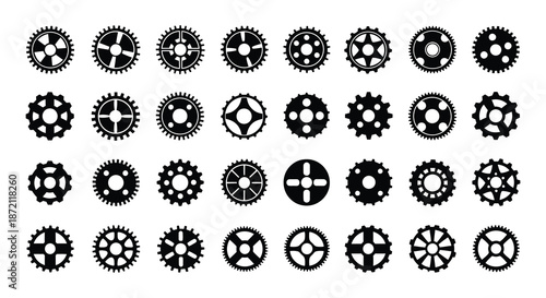 Collection of various black and white mechanical gears and cogs illustration