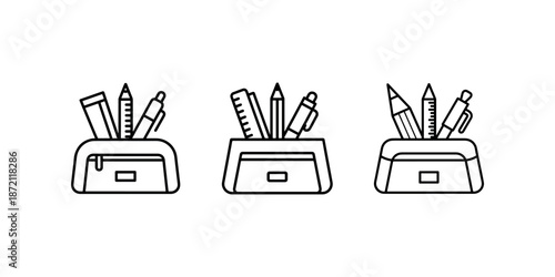 Pencil case icons set outline style vector illustration stationery supplies container symbols collection