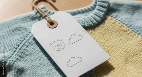 Baby Sweater with a White Tag Featuring a Bear and Cloud Illustrations