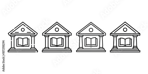 Four university building icons set outline vector illustration educational institutions with open book symbol