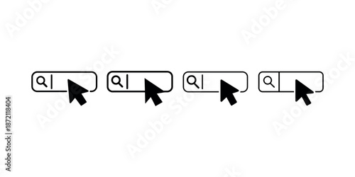Search bar icon set with magnifying glass and cursor arrow pointer in linear outline style