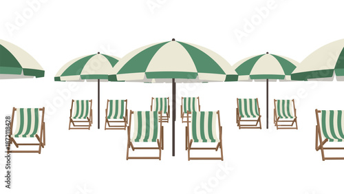 A seamless pattern of green and white beach umbrellas and lounge chairs is depicted, suggesting a relaxing resort vacation or summer getaway.
