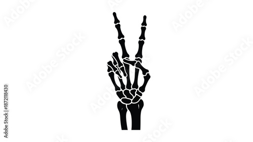 A dark skeletal hand making a peace sign gesture a striking silhouette
