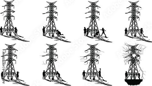 High voltage transmission tower silhouette set with human figures illustrating electricity infrastructure, energy safety concepts, and power grid hazard scenarios