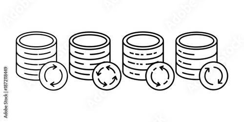 Database backup and data synchronization icons set with circular update arrows in outline