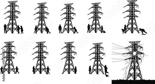 High voltage transmission tower silhouette sequence with human figures showing electricity danger scenarios, power grid safety risks, and energy infrastructure hazards