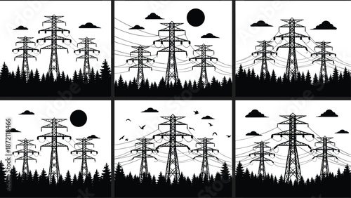 High voltage power transmission towers silhouette set with electricity lines over forest landscape, energy infrastructure illustration for utility and industrial concepts
