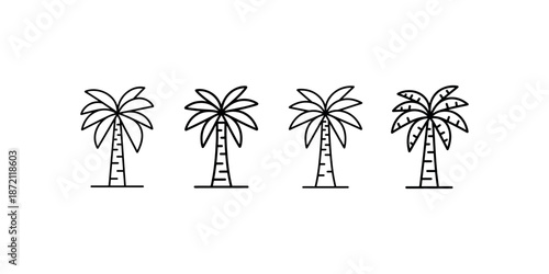 Set of four tropical palm trees isolated on white background in a row