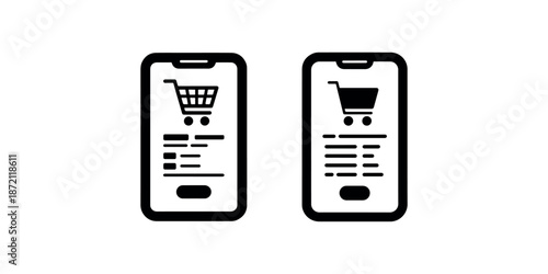 Two smartphones displaying shopping cart and order list icons on white background