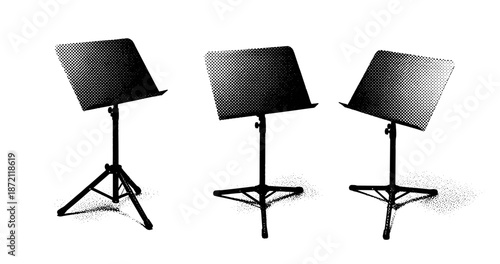 Three empty music stands with tripod bases in black and white