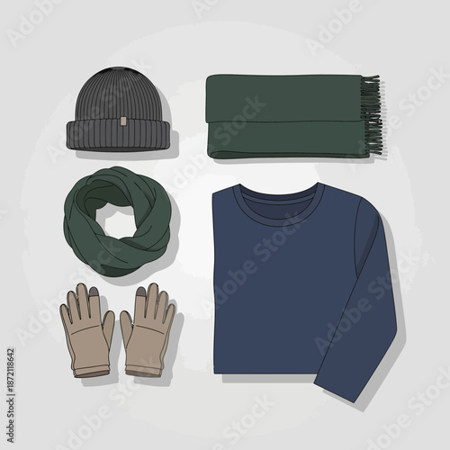 Winter clothing collection featuring a beanie, scarf, gloves, and long-sleeved shirt.