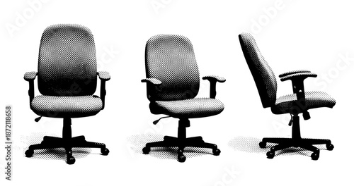 Set of three ergonomic office chairs in grayscale halftone design