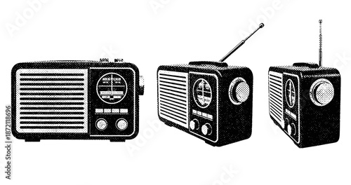 Vintage style retro radios with dials and antennas in black and white