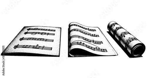 Vintage sheet music: flat, curved, and rolled variations in a black and white style