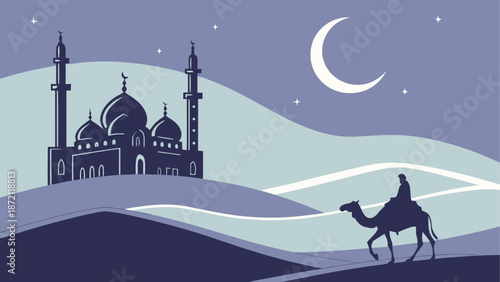Night journey through the desert to the mosque Vector, illustration