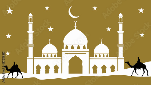 Silhouetted mosque with camels under starlit sky Vector, illustration