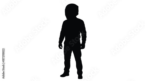 A striking black silhouette of a child standing in a neutral pose silhouette
