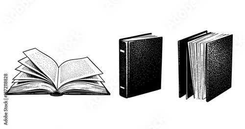 Vintage book illustrations: open and closed hardcover designs in black and white