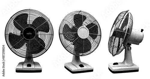 Retro black and white desk fans in various angles and styles