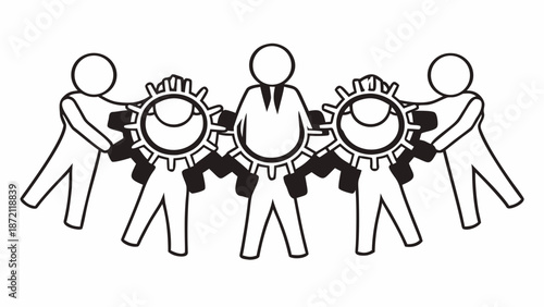 Four individuals holding interlocking gears symbolizing teamwork and collaboration