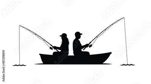 Two fishermen in a boat casting lines a striking black silhouette