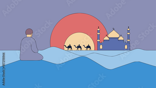 Desert sunset with camel caravan Vector, illustration