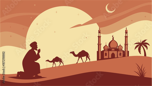 Desert prayer at sunset Vector, illustration