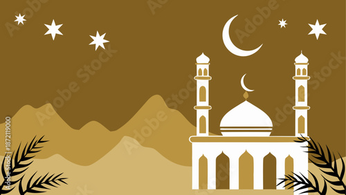 Serene mosque under moonlit night Vector, illustration