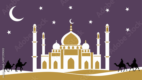 Silhouette of a grand mosque under the night sky Vector, illustration