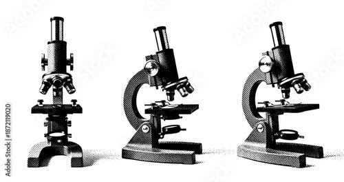 Vintage scientific microscopes in halftone style displaying classic designs