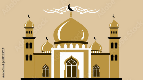 Illustrated mosque with crescent moon Vector, illustration