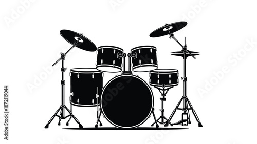 Black and white illustration of a complete drum set a musical silhouette